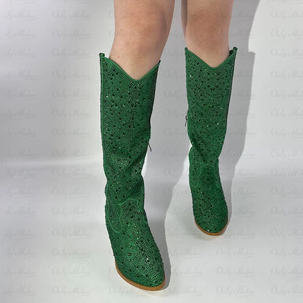 Onlymaker Women’s Rhinestone Green Knee-High Cowboy Boots