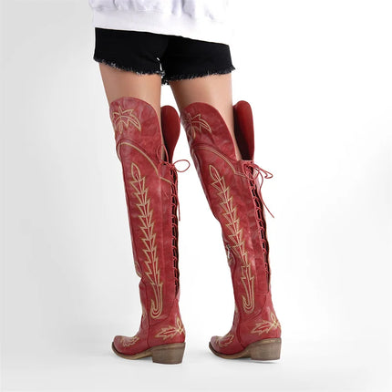 Onlymaker Women’s Red Thigh-High Embroidered Cowboy Boots