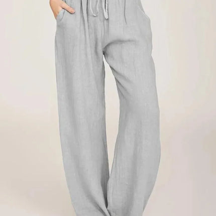 Women’s Cotton Linen Loose Wide-Leg Pants with Pockets