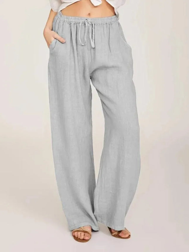 Women’s Cotton Linen Loose Wide-Leg Pants with Pockets