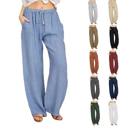 Women’s Cotton Linen Loose Wide-Leg Pants with Pockets