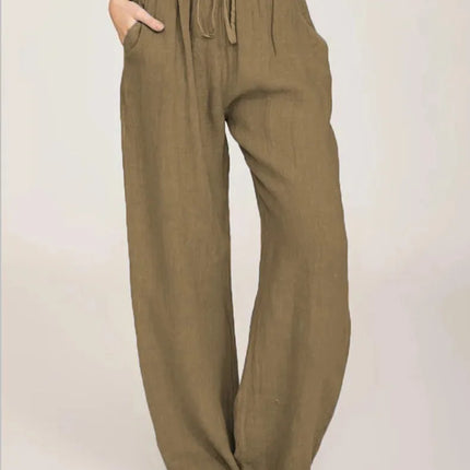 Women’s Cotton Linen Loose Wide-Leg Pants with Pockets