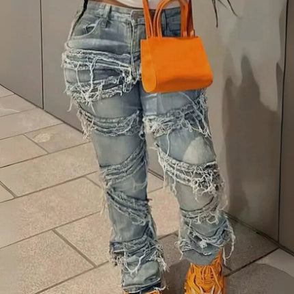 HME Women’s High-Waist Y2K Ripped Straight-Leg Jeans with Fringe Tassels