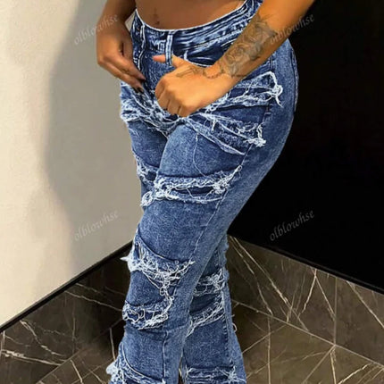HME Women’s High-Waist Y2K Ripped Straight-Leg Jeans with Fringe Tassels