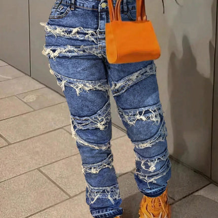 HME Women’s High-Waist Y2K Ripped Straight-Leg Jeans with Fringe Tassels