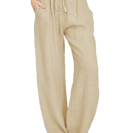 Women’s Cotton Linen Loose Wide-Leg Pants with Pockets