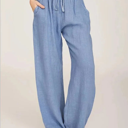 Women’s Cotton Linen Loose Wide-Leg Pants with Pockets