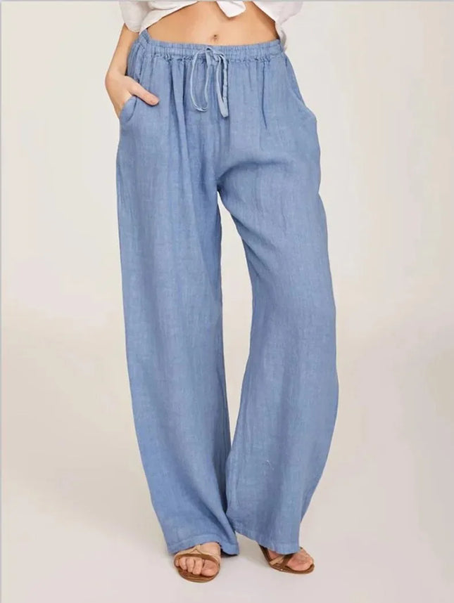 Women’s Cotton Linen Loose Wide-Leg Pants with Pockets