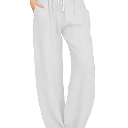 Women’s Cotton Linen Loose Wide-Leg Pants with Pockets