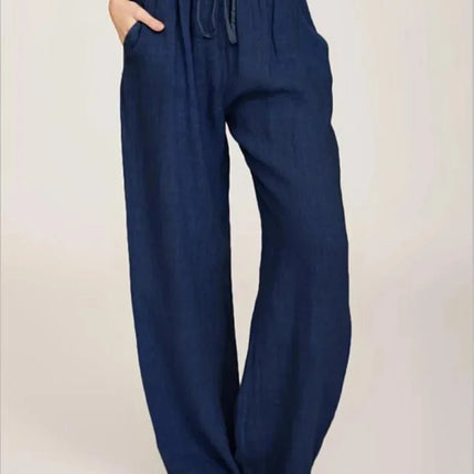 Women’s Cotton Linen Loose Wide-Leg Pants with Pockets