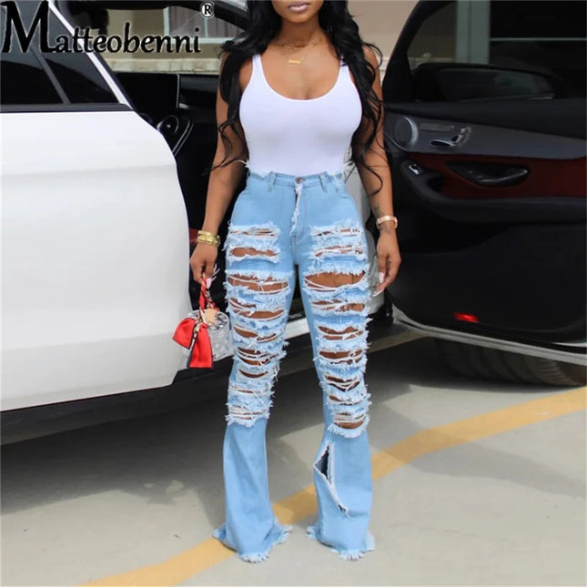 2025 Women’s High-Waist Ripped Flare Bell-Bottom Jeans