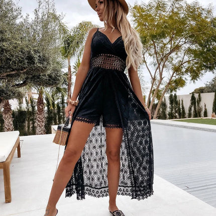 Lace Hollow V-Neck Romper – White Sleeveless Party Jumpsuit