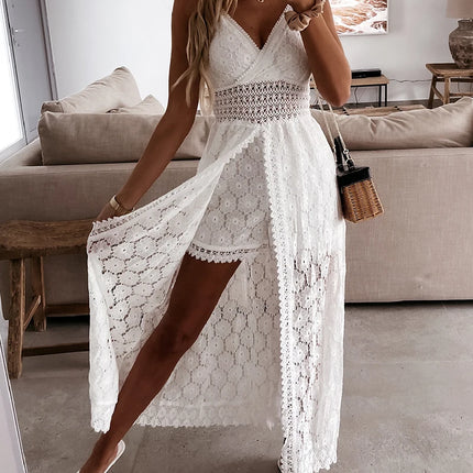 Lace Hollow V-Neck Romper – White Sleeveless Party Jumpsuit