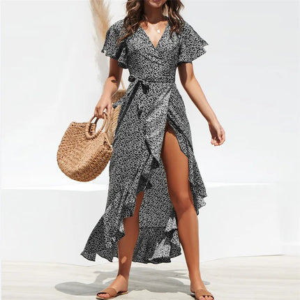 Boho Floral Wrap Maxi – Summer Beach Ruffle Dress