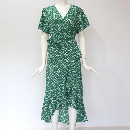 Boho Floral Wrap Maxi – Summer Beach Ruffle Dress