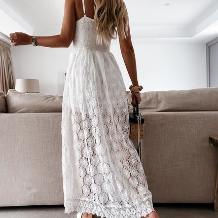Lace Hollow V-Neck Romper – White Sleeveless Party Jumpsuit