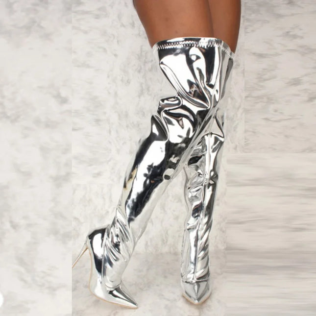 Women’s Silver Mirror Thigh-High Pointed-Toe Heels
