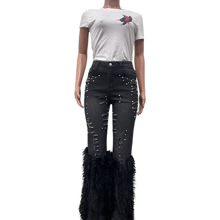 CM.YAYA Women’s Beaded Hollow-Out Feather Flare Jeans