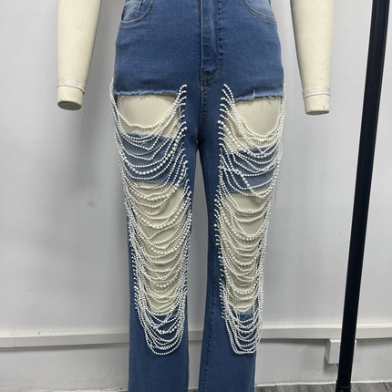 CM.YAYA Women’s Pearl Beaded Ripped Tassel Wide-Leg Jeans
