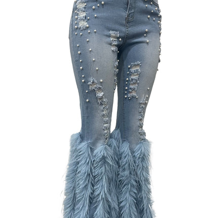 CM.YAYA Women’s Beaded Hollow-Out Feather Flare Jeans