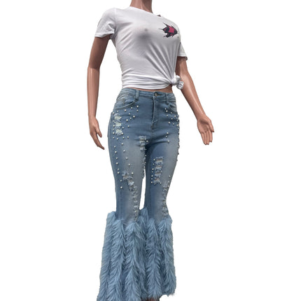 CM.YAYA Women’s Beaded Hollow-Out Feather Flare Jeans