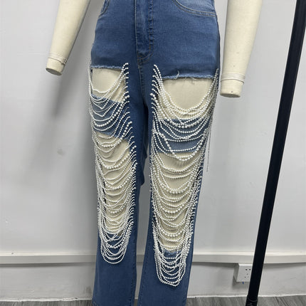 CM.YAYA Women’s Pearl Beaded Ripped Tassel Wide-Leg Jeans