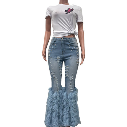 CM.YAYA Women’s Beaded Hollow-Out Feather Flare Jeans