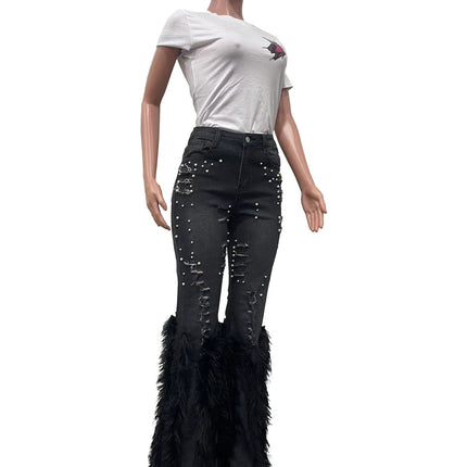CM.YAYA Women’s Beaded Hollow-Out Feather Flare Jeans