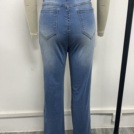 CM.YAYA Women’s Pearl Beaded Ripped Tassel Wide-Leg Jeans