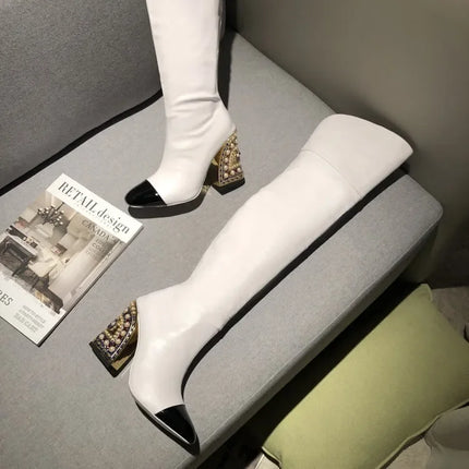 Rhinestone Cowhide Mid-Knee Heeled Boots