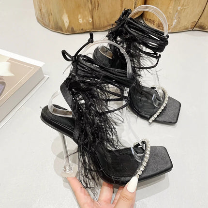 Eilyken Women’s Fuzzy Feather Transparent High-Heel Sandals