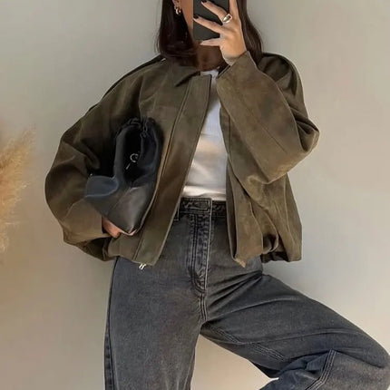 TRAFZA Brown-Green Suede Bomber – Vintage Motorcycle Jacket