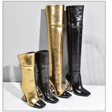 Rhinestone Cowhide Mid-Knee Heeled Boots