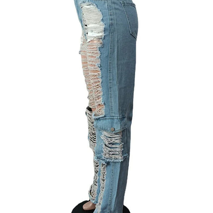 Women’s High-Waist Patchwork Hollow-Out Ripped Jeans