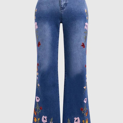 Women’s High-Waist Floral-Print Slim Flare Denim Jeans with Raw-Edge Hem