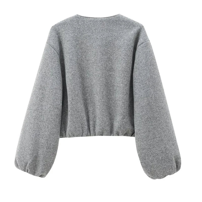 TRAF Cropped Faux Wool Bomber – Autumn & Winter Zip-Up Coat