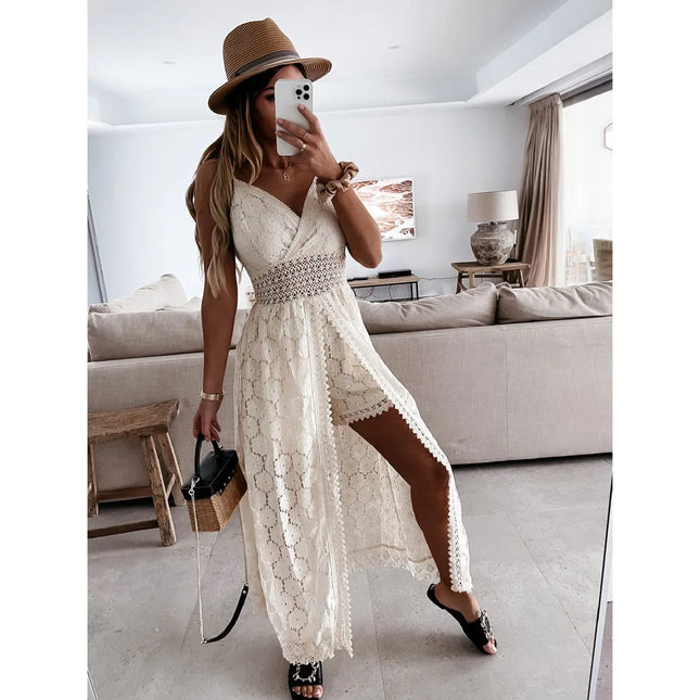 Lace Hollow V-Neck Romper – White Sleeveless Party Jumpsuit