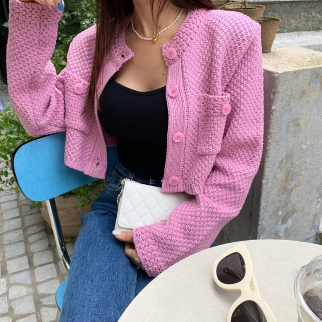 Women’s O-Neck Cropped Knit Cardigan with Pockets