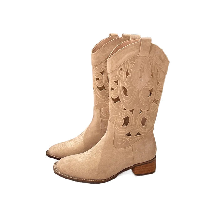Vintage Hollow Embroidered Knee-High Western Boots