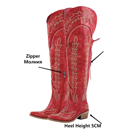 Onlymaker Women’s Red Thigh-High Embroidered Cowboy Boots
