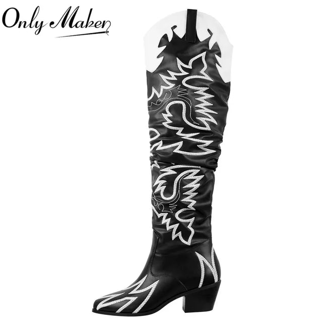 Onlymaker Women’s Wide-Calf Knee-High Embroidered Cowboy Boots