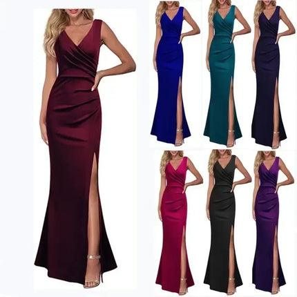 Elegant V-Neck Sleeveless Maxi – Slim Side Slit Party Dress