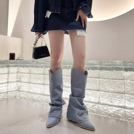 Women’s Blue Denim Thigh-High Cowboy Boots