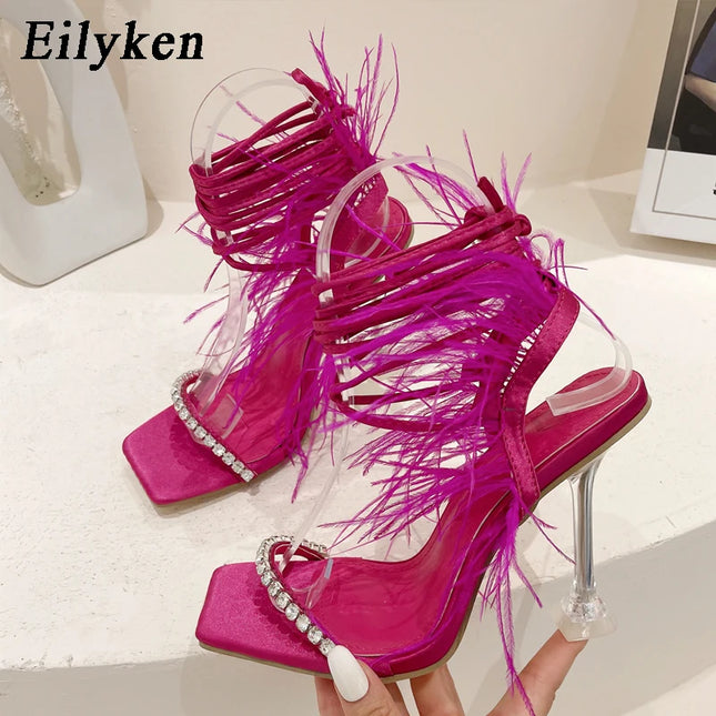 Eilyken Women’s Fuzzy Feather Transparent High-Heel Sandals