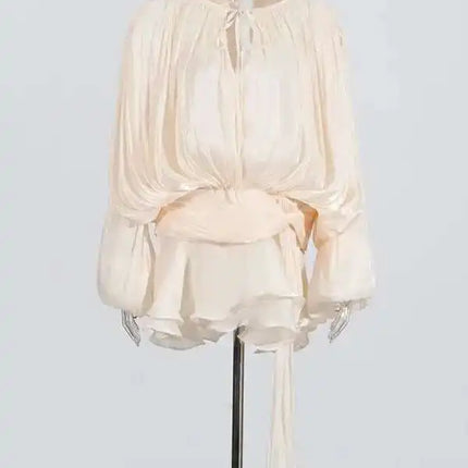 TWOTWINSTYLE V-Neck Mini Dress – Spliced Lace-Up Sweet Blouse