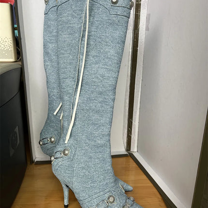 Women’s Pointed Rivet Tassel Knee-High Boots with Side Zip
