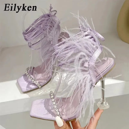 Eilyken Women’s Fuzzy Feather Transparent High-Heel Sandals