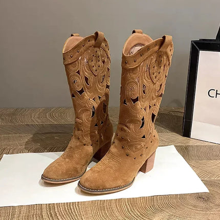2025 Vintage Hollow Embroidered Knee-High Western Boots
