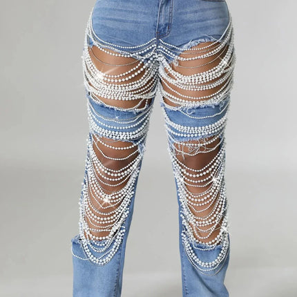 CM.YAYA Women’s Pearl Beaded Ripped Tassel Wide-Leg Jeans