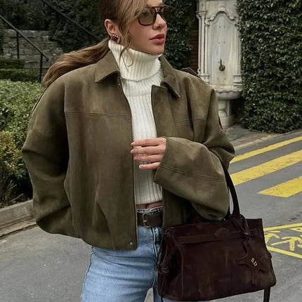 TRAFZA Brown-Green Suede Bomber – Vintage Motorcycle Jacket